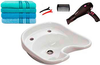 инструменты для каутеризации волос — парикмахерская раковина, полотенца, зажимы для волос, гребень, фен