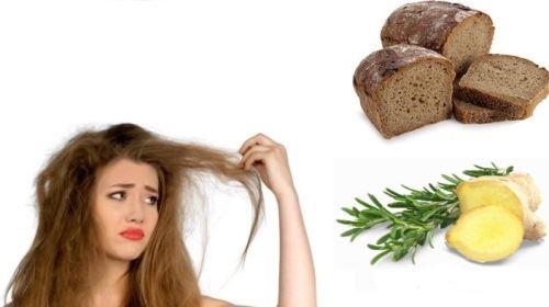 девушка с сухими волосами, ломтики нарезанного чёрного хлеба и имбиря