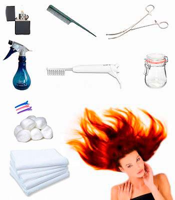 инструменты для обжига волос огнём: зажигалка, расчёска, корнцанги, распылитель, Дарсонваль, стеклянная банка, зажимы, вата, полотенце