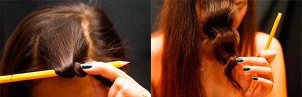 девушка накручивает волосы на карандаш — до и после