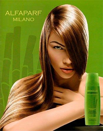 рекламный баннер Alfaparf Milano — девушка с красивыми волосами на фоне бамбука