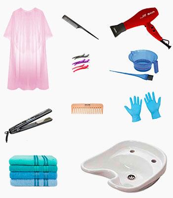 парикмахерская мойка, пеньюар, расчёска, гребень, фен, утюжок, зажимы для волос, перчатки, миска, кисточка