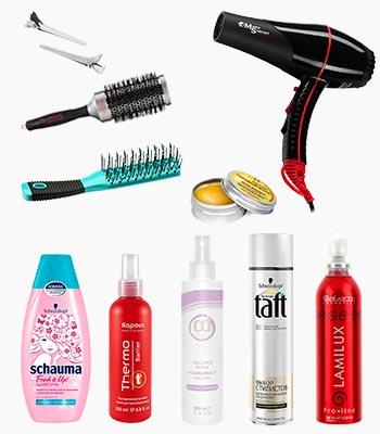 фен, брашинг, скелетная расчёска, парикмахерские зажимы, шампунь, термозащитное средство, лак-спрей без газа, аэрозольный лак сильной фиксации, воск, глянец для волос