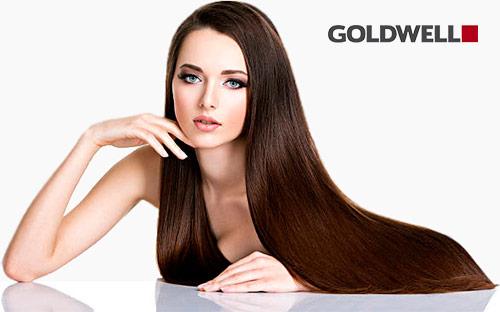 двушка с красивыми прямыми волосами на фоне логотипа Goldwell