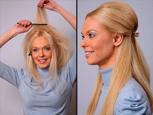 девушка делает себе начёс для прикорневого объёма на длинные волосы