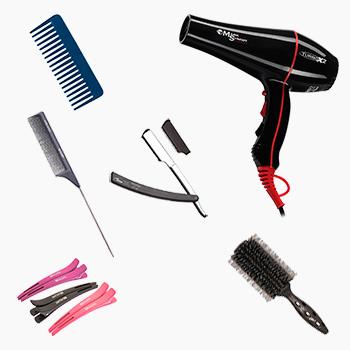 фен, брашинг, расчёска с частыми зубьями и тонким хвостиком, зажимы для волос, гребень, опасная бритва