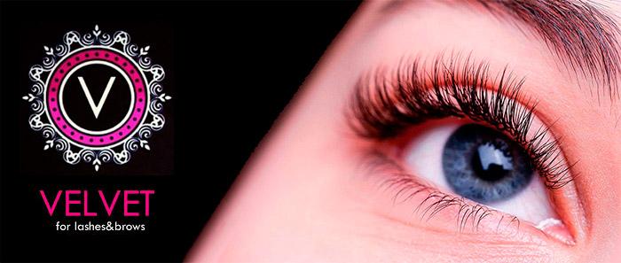глаз с красивыми ресницами на фоне логотипа Velvet