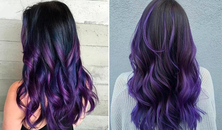 фиолетовый шатуш на тёмных волосах